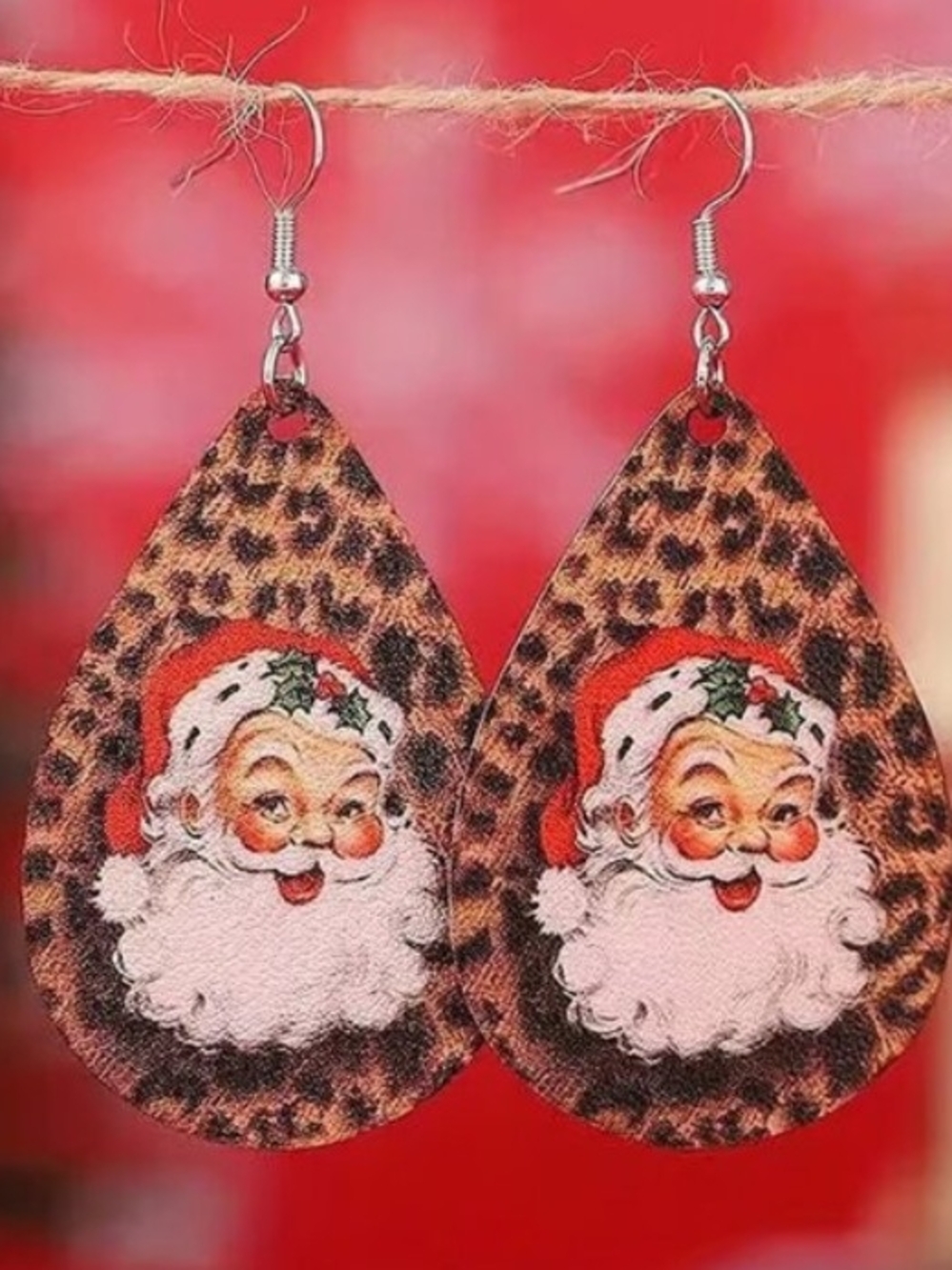 Leopard Print Santa Tear Drop Earrings - Red Brown Holiday Earrings